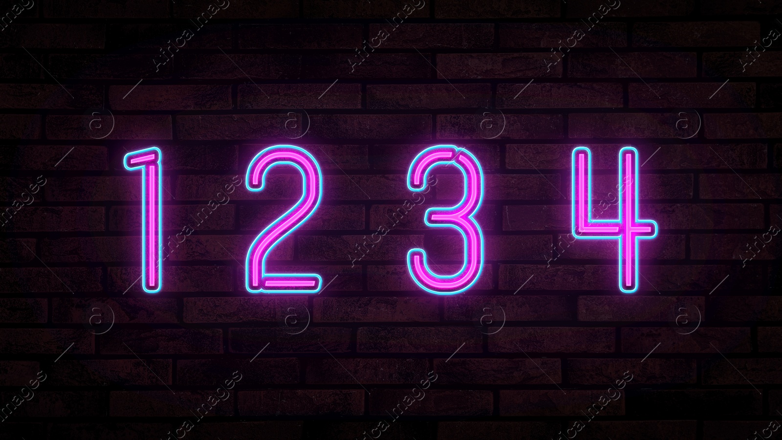 Image of Glowing neon number (1, 2, 3, 4) signs on brick wall