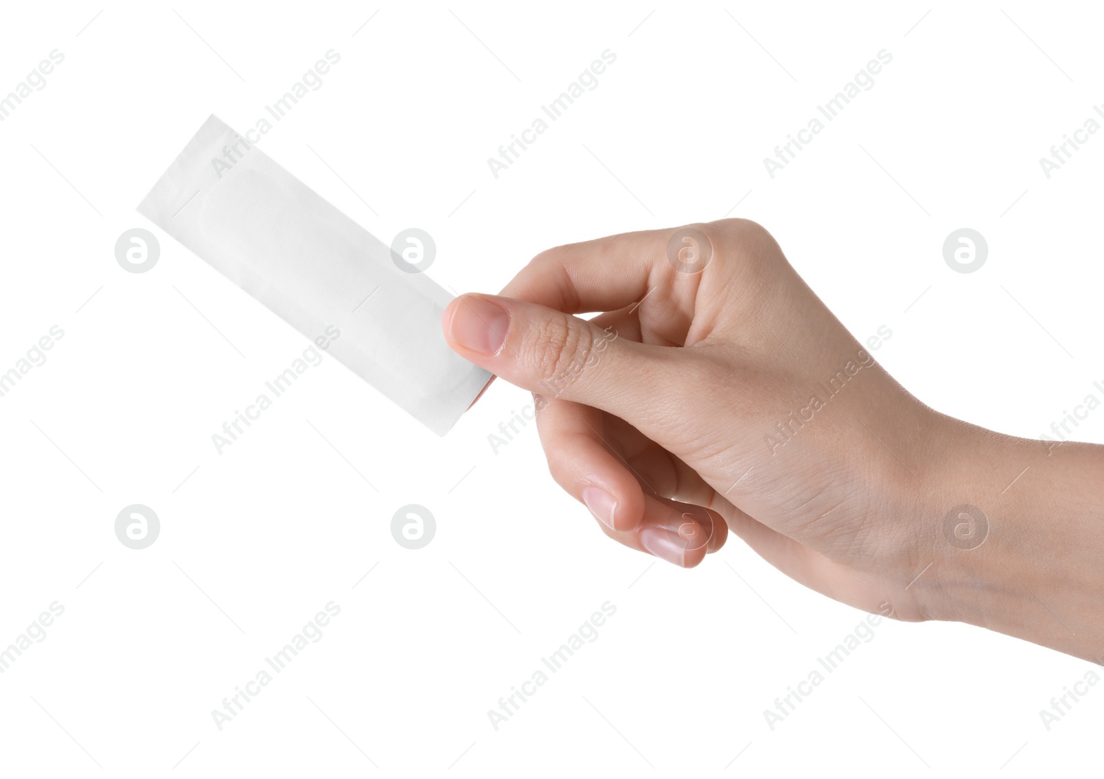 Photo of Woman holding medical adhesive bandage isolated on white, closeup