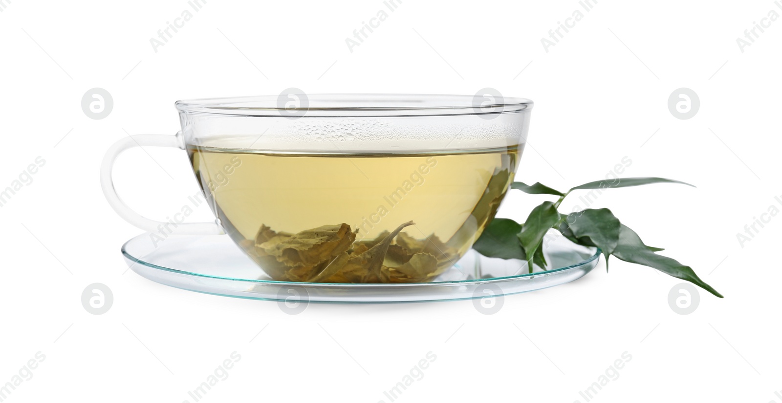 Photo of Refreshing green tea in cup and leaves isolated on white