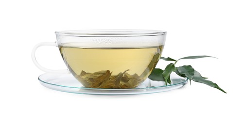 Photo of Refreshing green tea in cup and leaves isolated on white