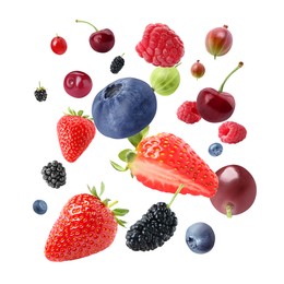 Image of Many different fresh berries falling on white background