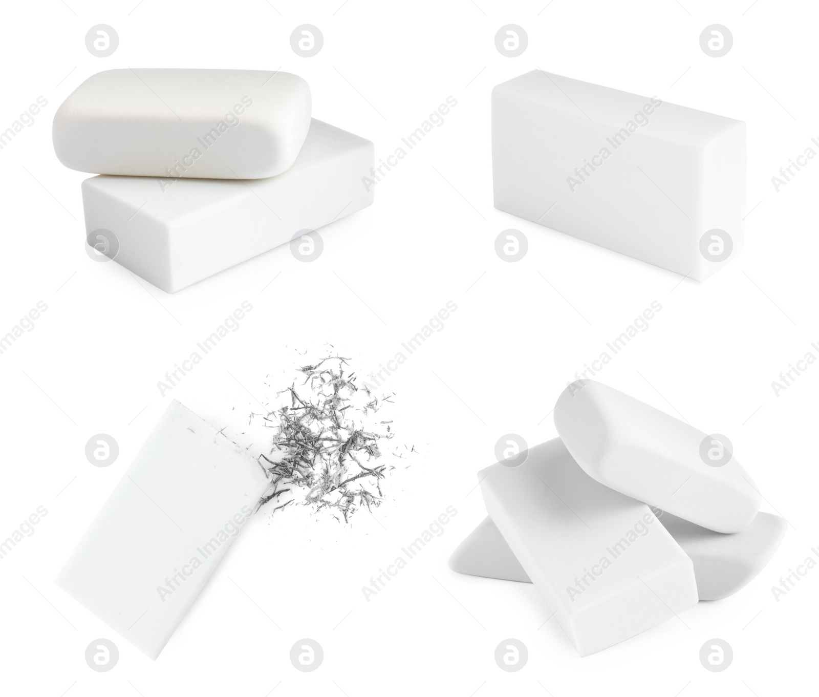 Image of Collage of rubber erasers on white background