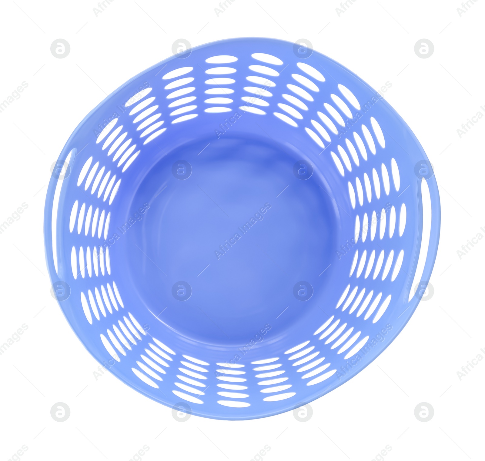 Photo of Blue empty laundry basket isolated on white, top view