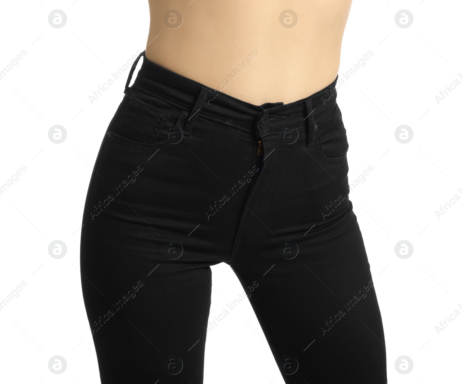 Photo of Woman wearing stylish black jeans on white background, closeup