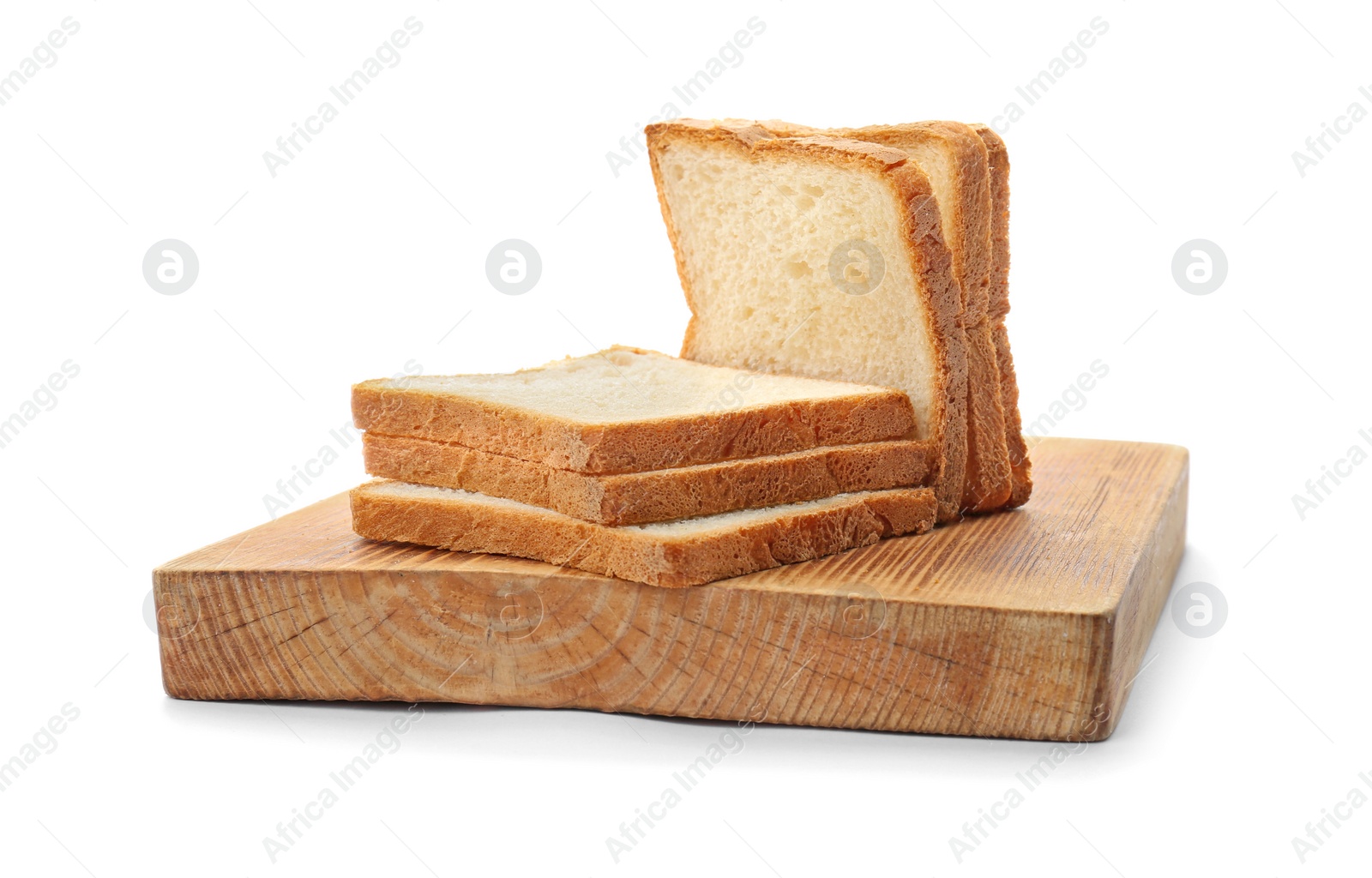 Photo of Wheat toasts on on wooden board against white background