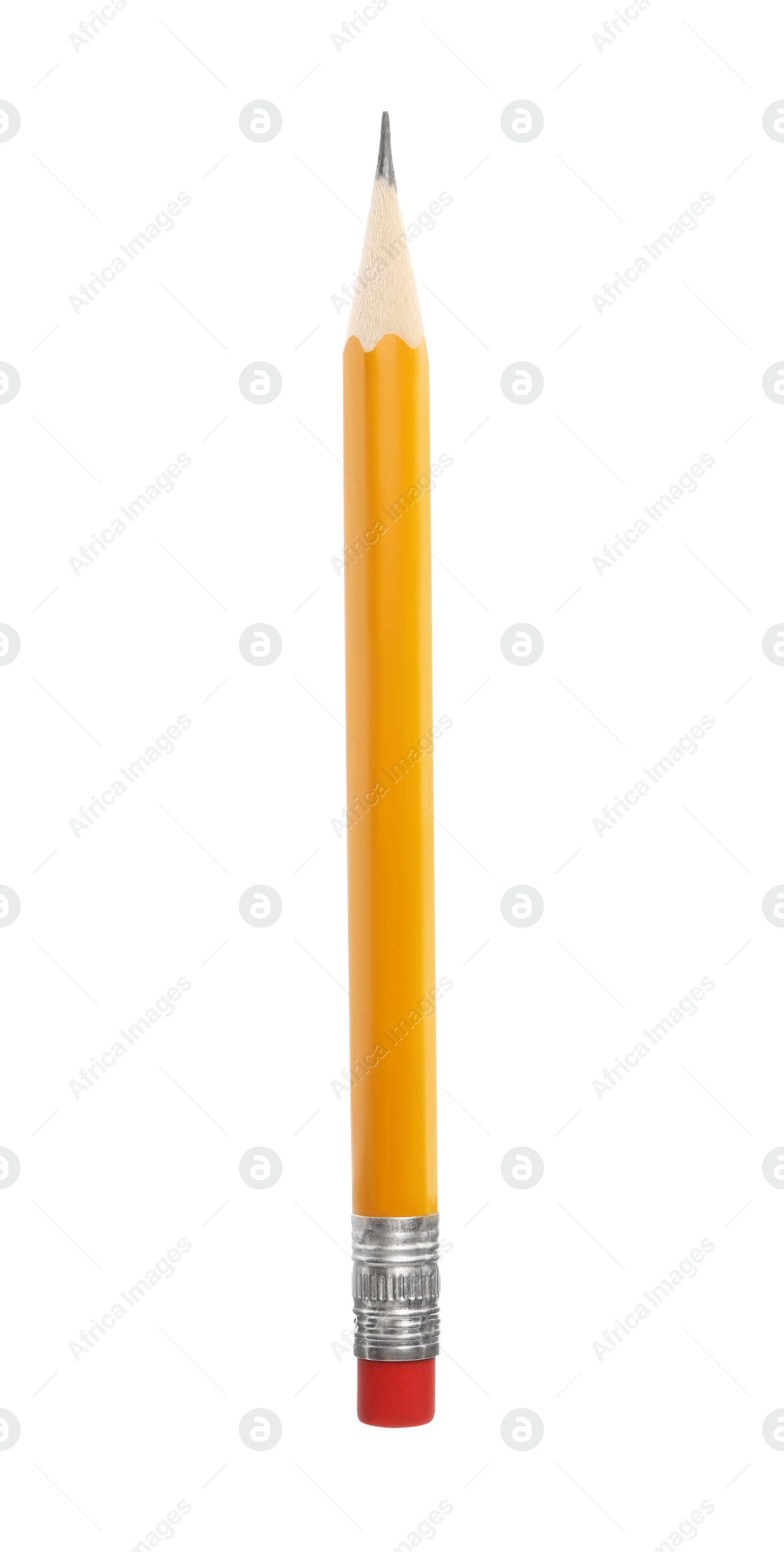 Photo of Short graphite pencil with eraser isolated on white. School stationery