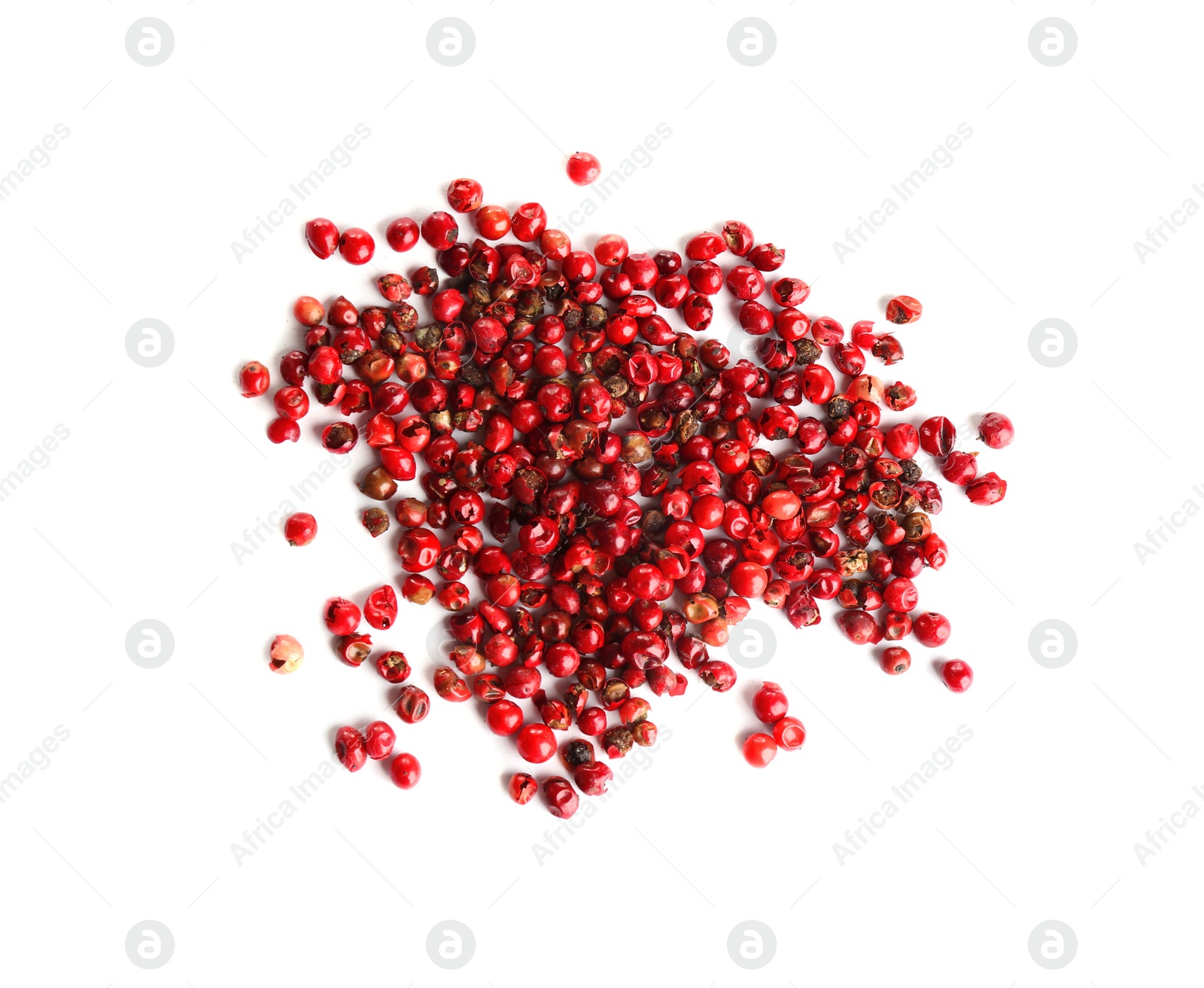 Photo of Heap of red peppercorns isolated on white, top view