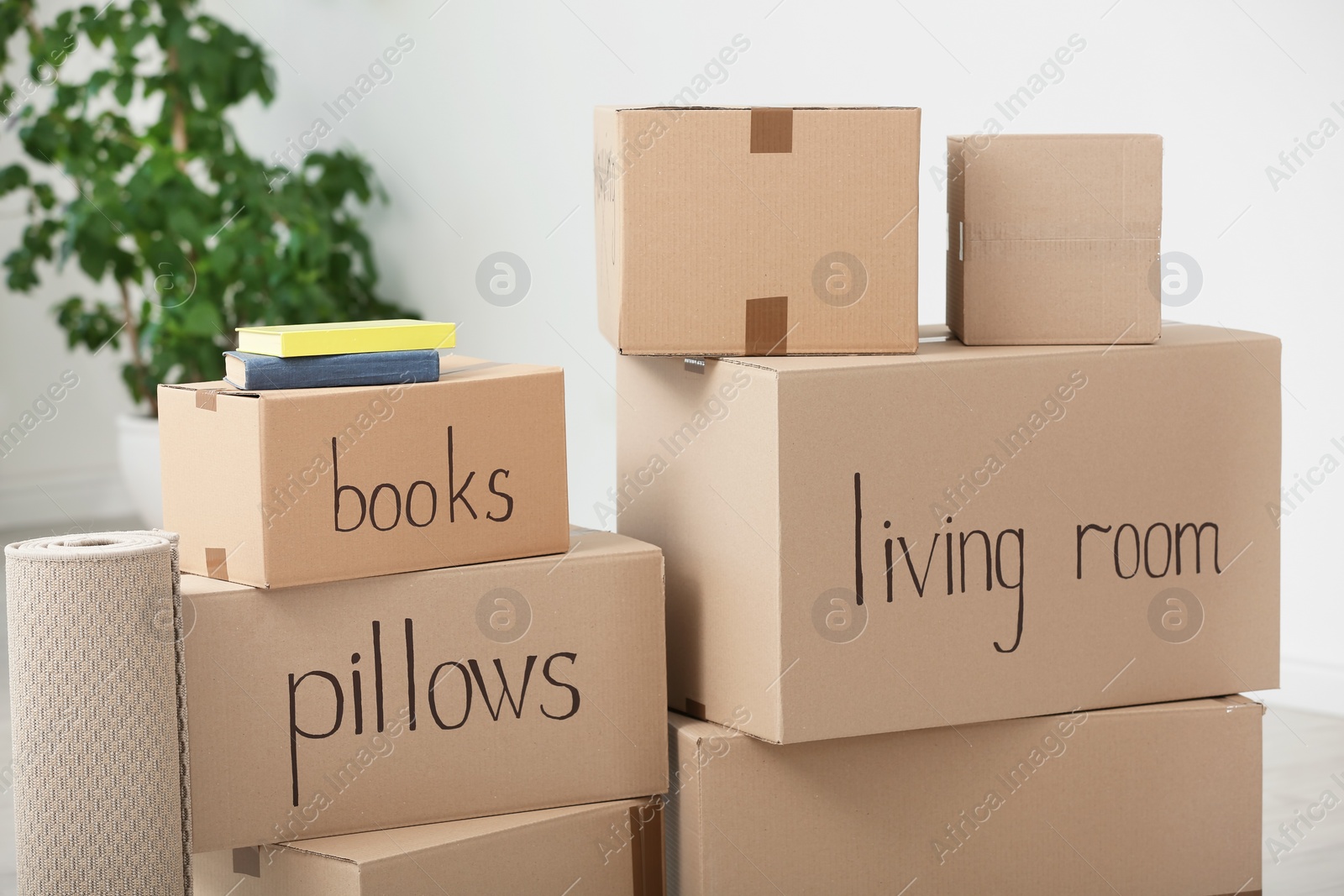 Photo of Cardboard boxes and household stuff indoors. Moving day