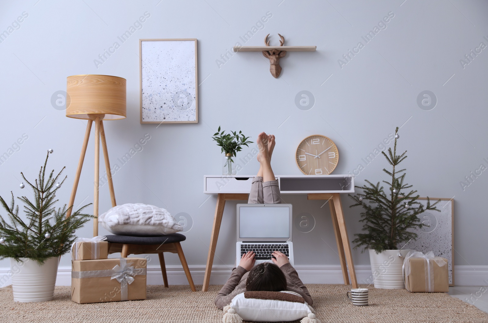 Photo of Woman using laptop in room decorated with potted fir trees