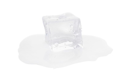 Photo of One melting crystal clear ice cube isolated on white