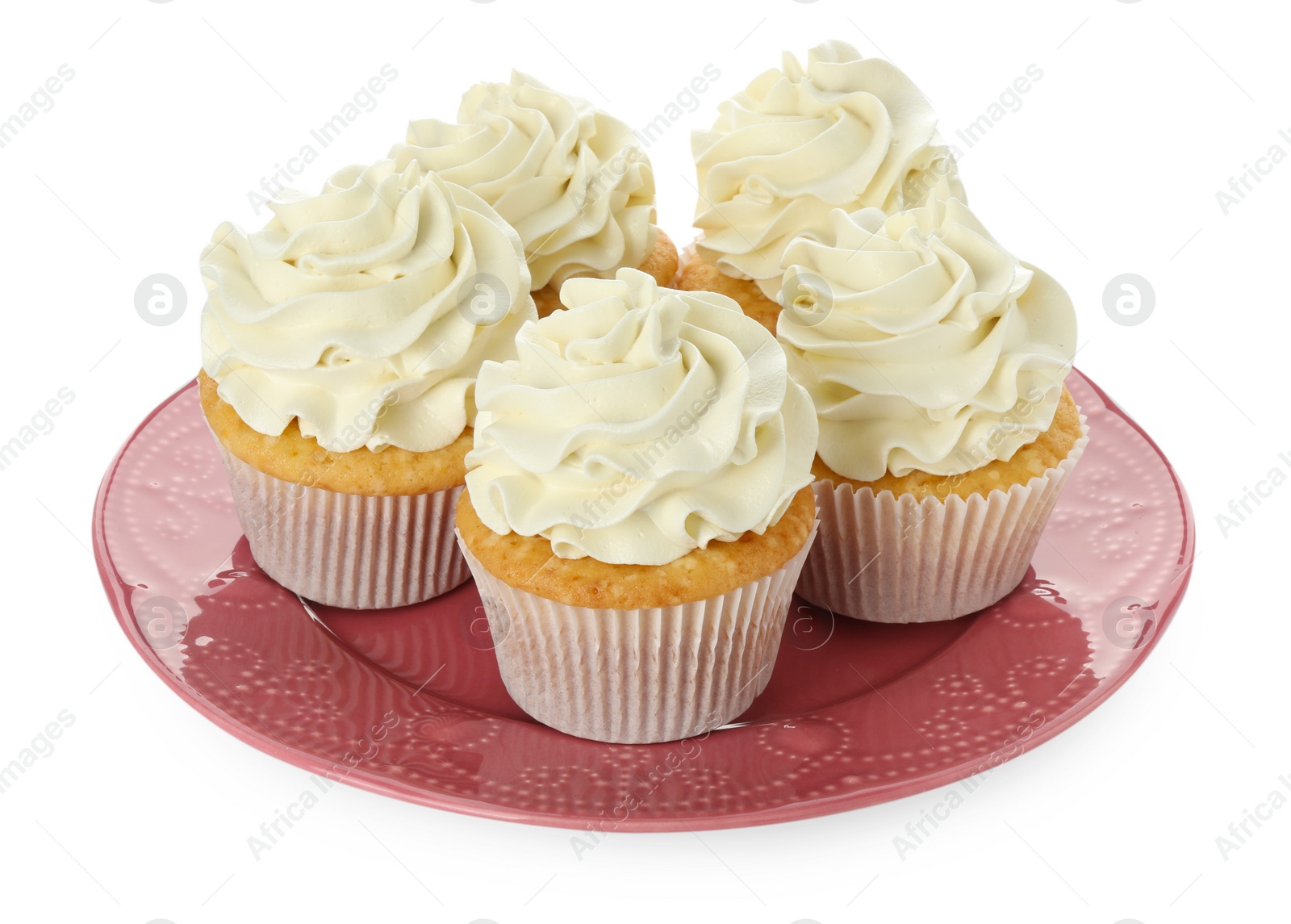 Photo of Tasty vanilla cupcakes with cream isolated on white