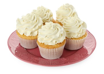 Tasty vanilla cupcakes with cream isolated on white