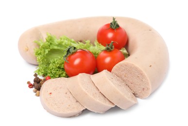 Photo of Delicious liver sausage, tomatoes, lettuce and peppercorns on white background