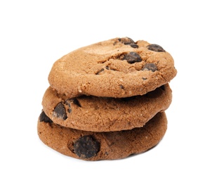 Delicious chocolate chip cookies on white background