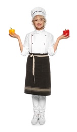 Photo of Professional chef with peppers on white background