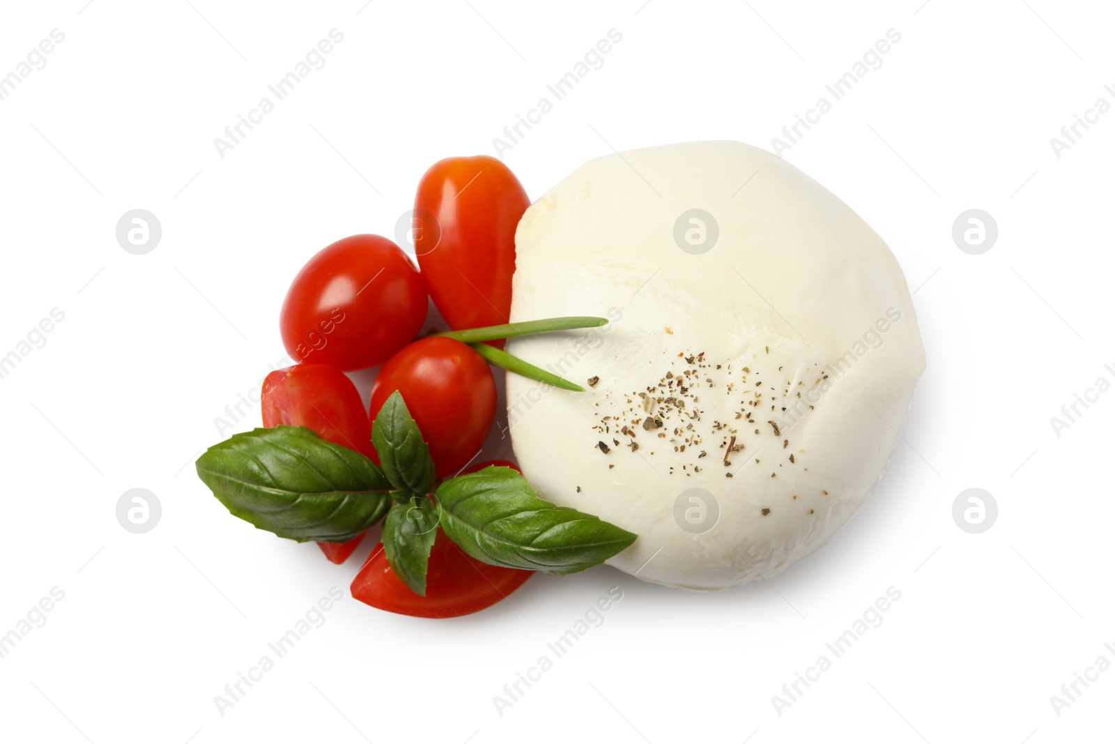 Photo of Delicious mozzarella with tomatoes and basil leaves on white background, top view