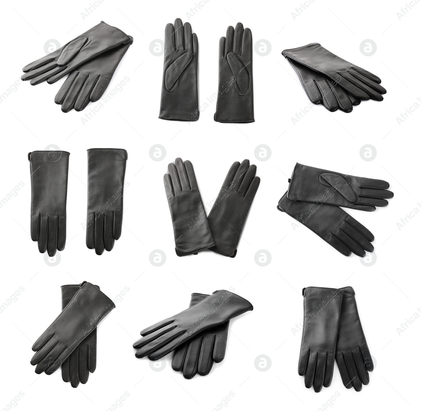 Image of Set of black leather gloves on white background