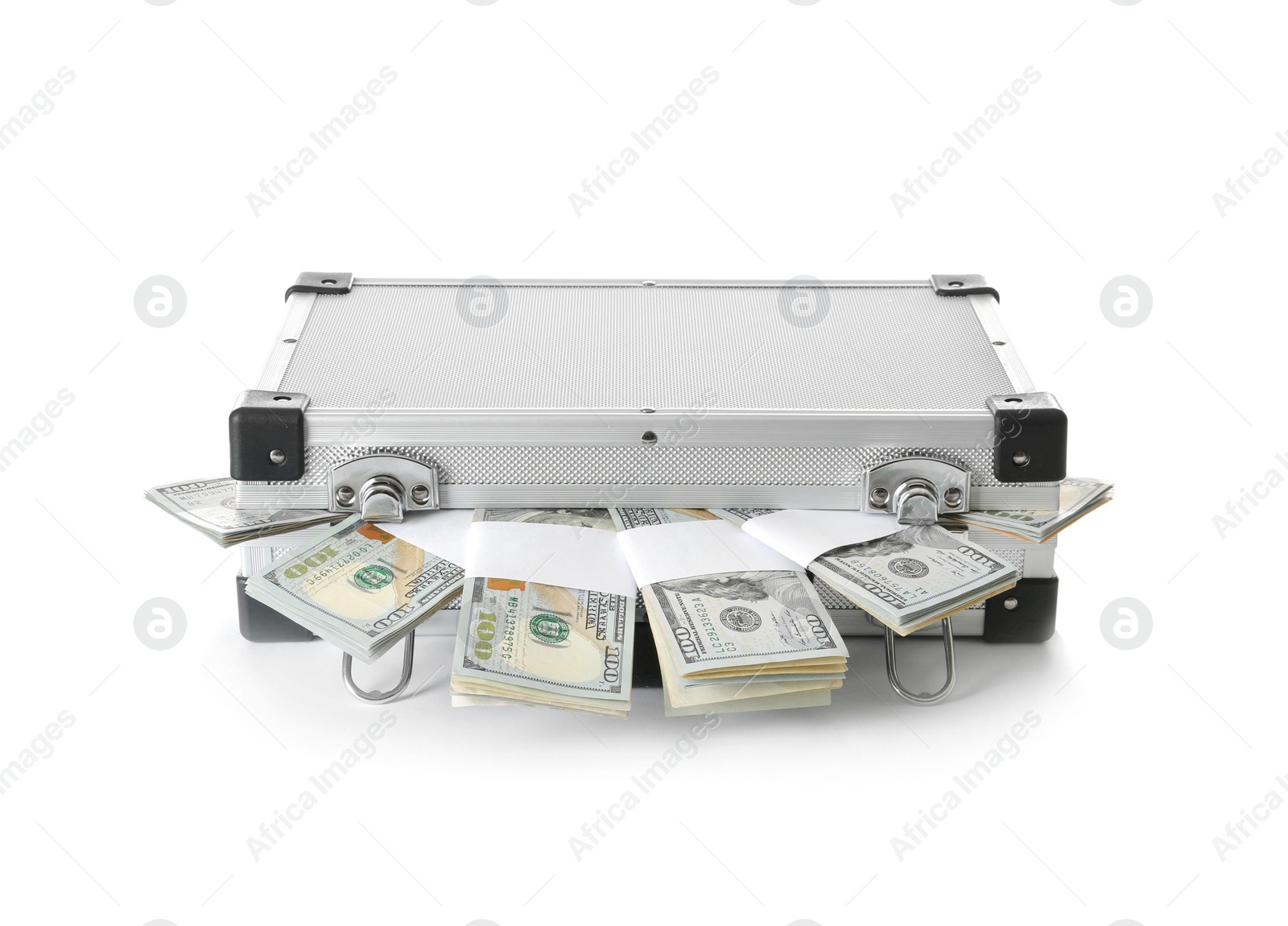 Photo of Hard case full of money on white background