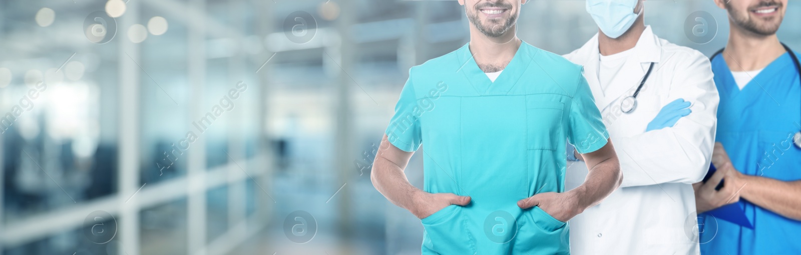 Image of Doctors and nurse in hospital, closeup. Banner design with space for text