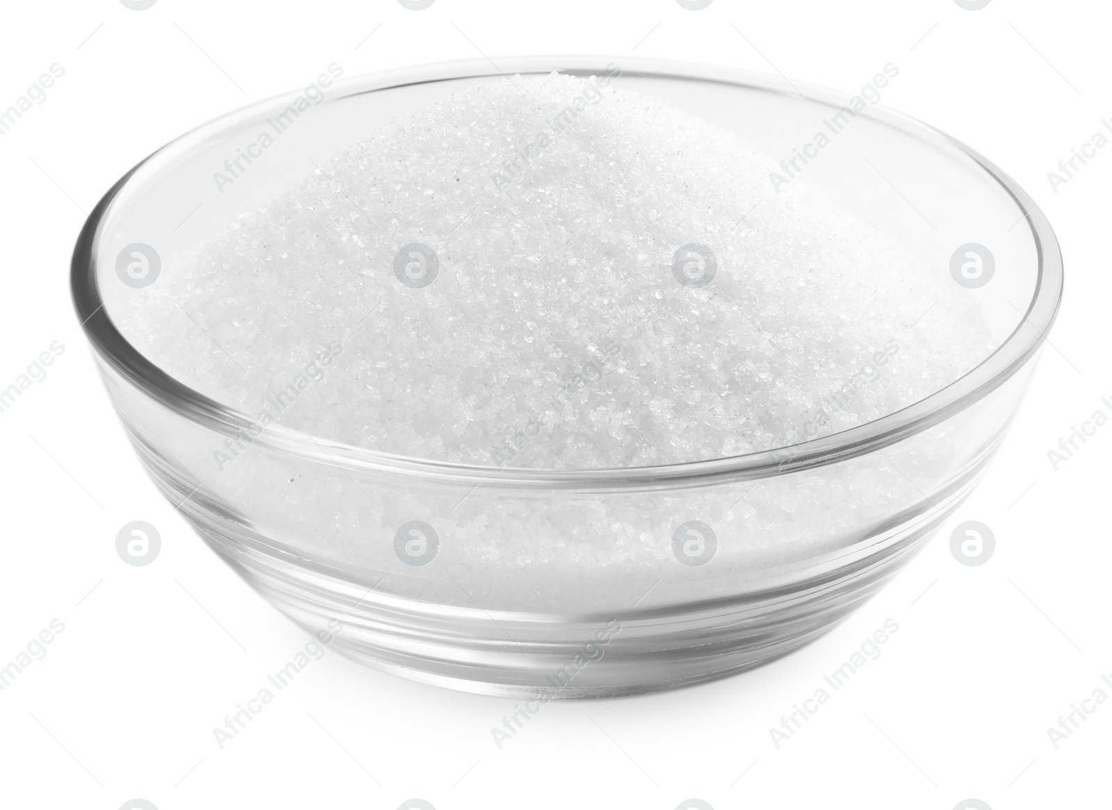 Photo of Granulated sugar in bowl isolated on white