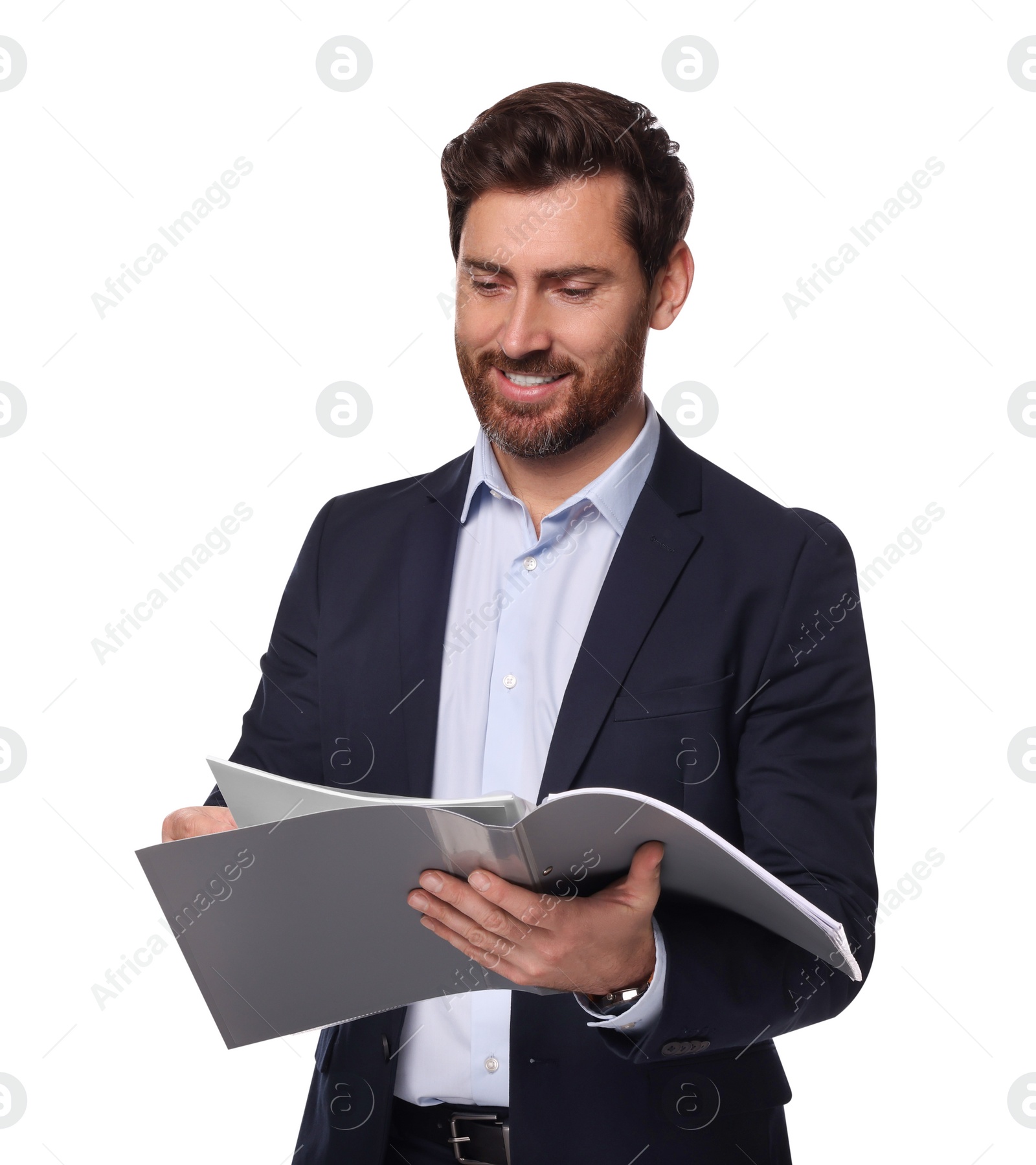 Photo of Smiling man with folder on white background. Lawyer, businessman, accountant or manager