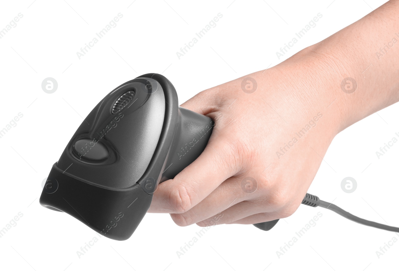 Photo of Woman holding barcode scanner on white background, closeup