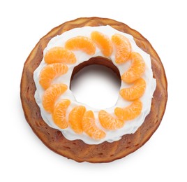 Photo of Homemade yogurt cake with tangerines and cream on white background, top view