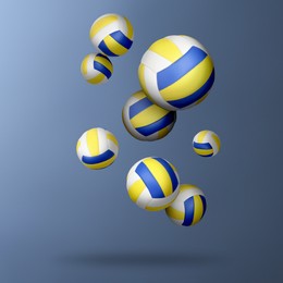 Image of Many volleyball balls falling on steel blue gradient background