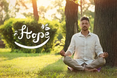 Image of Concept of hope. Man meditating in park on sunny summer day