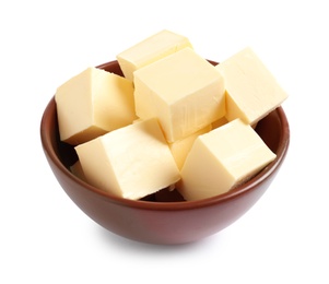 Bowl with butter cubes on white background