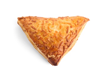 Fresh tasty puff pastry on white background, top view