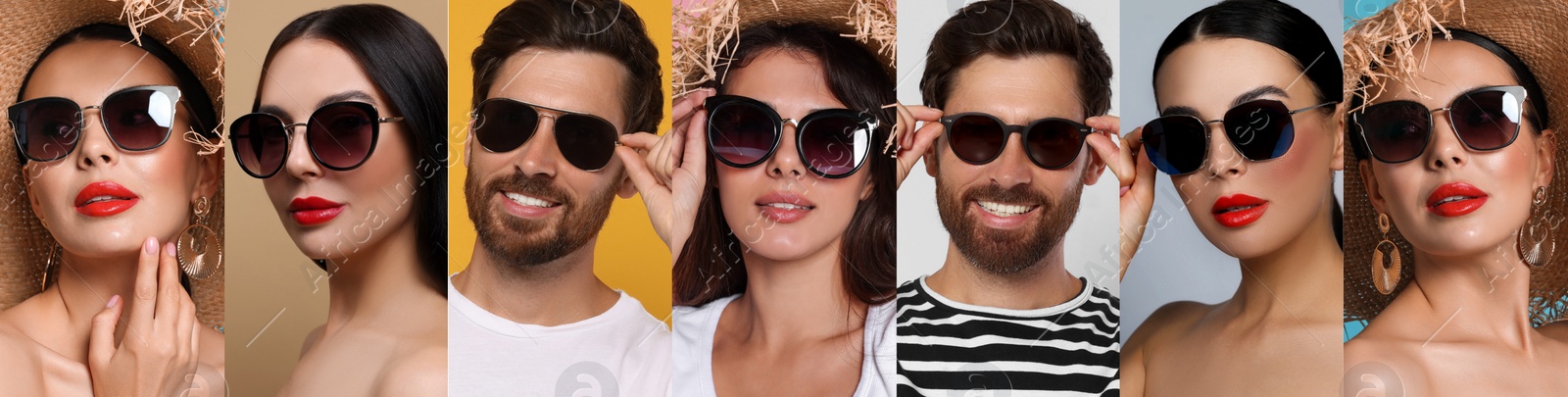 Image of Collage with photos of people with stylish sunglasses on different color backgrounds. Banner design