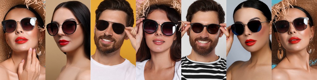 Image of Collage with photos of people with stylish sunglasses on different color backgrounds. Banner design