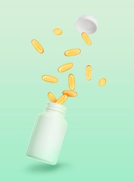 Image of Vitamin. Softgel capsules and bottle in air against green background