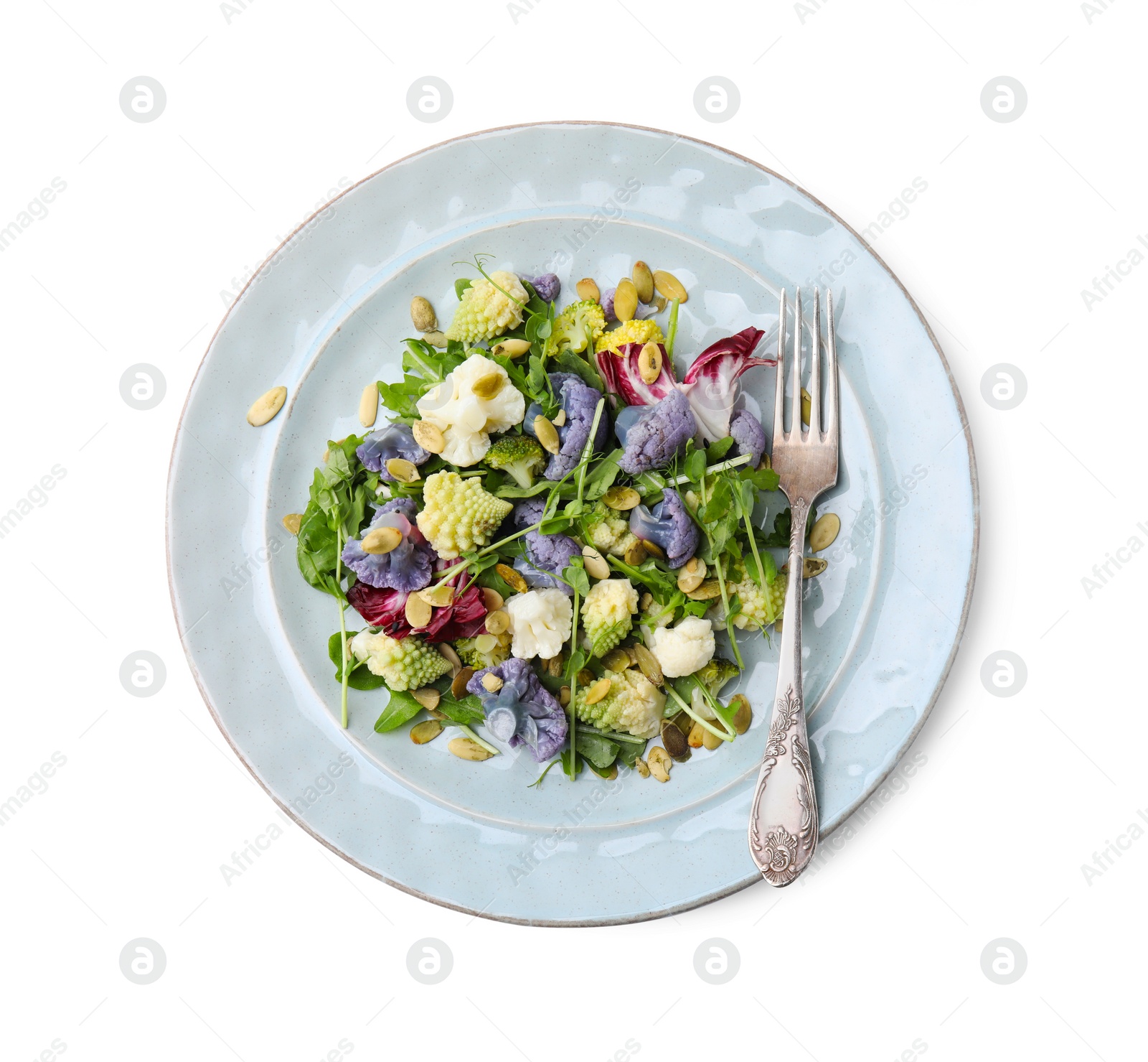 Photo of Delicious salad with cauliflower and pumpkin seeds isolated on white , top view