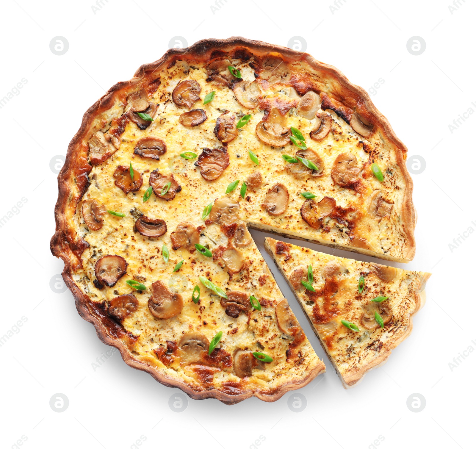 Photo of Delicious pie with mushrooms and cheese isolated on white, top view
