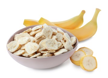 Photo of Sweet sublimated and fresh bananas on white background