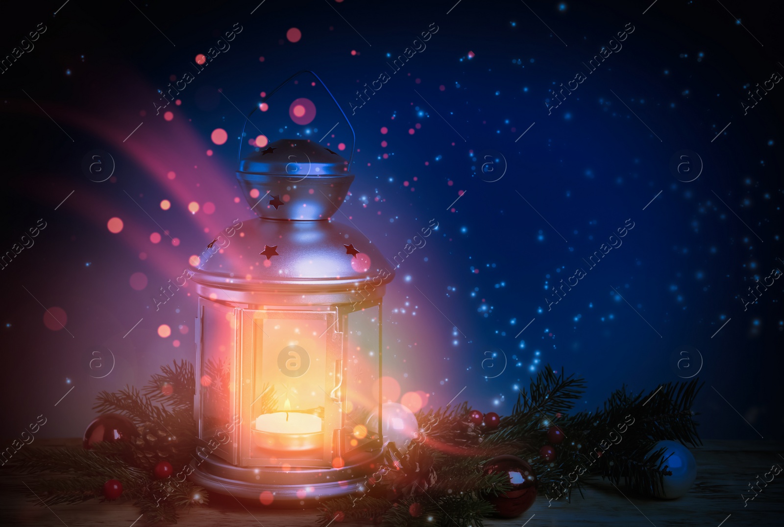 Image of Composition with Christmas lantern on wooden table. Magical atmosphere 