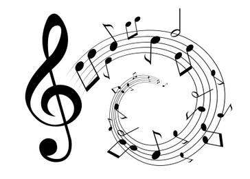 Illustration of Treble clef and swirly staff with musical notes on white background