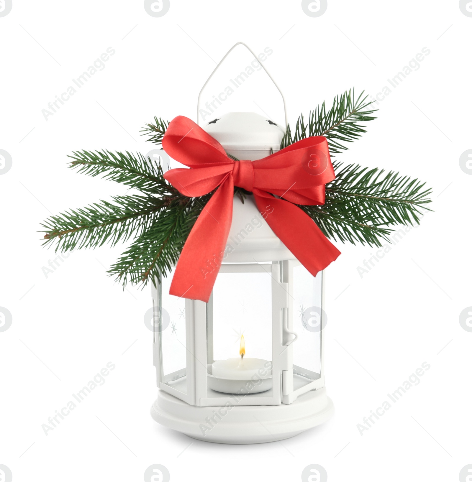 Photo of Decorative Christmas lantern with bow and coniferous twigs isolated on white