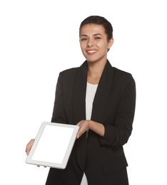 Photo of Hostess in uniform with tablet on white background