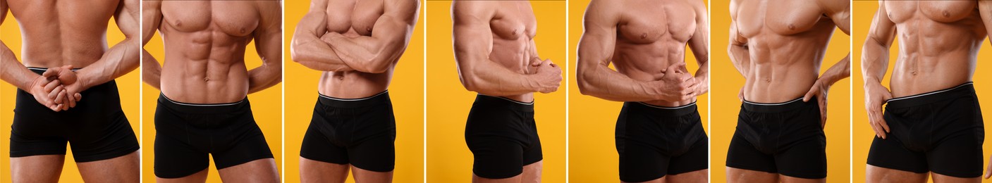 Image of Muscular man in stylish black underwear on yellow background, closeup. Collection of photos