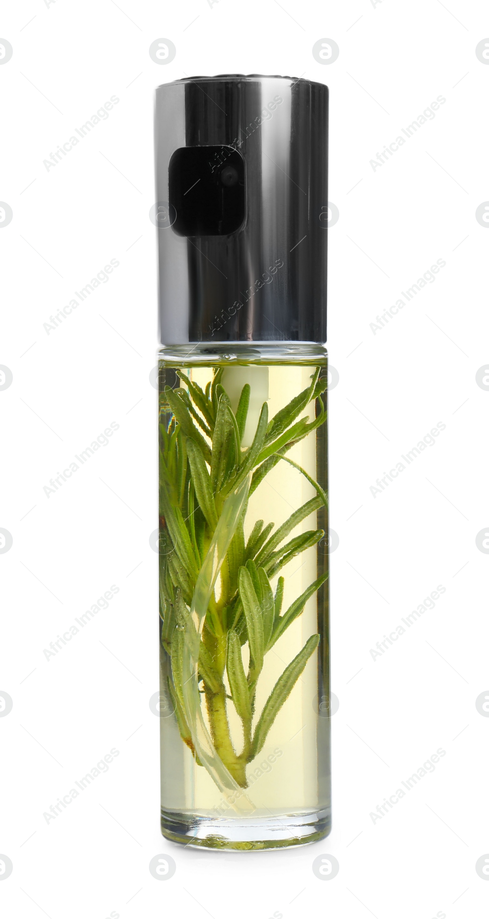 Photo of Spray bottle of cooking oil with rosemary on white background