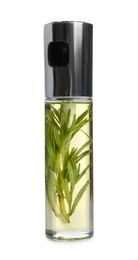 Photo of Spray bottle of cooking oil with rosemary on white background