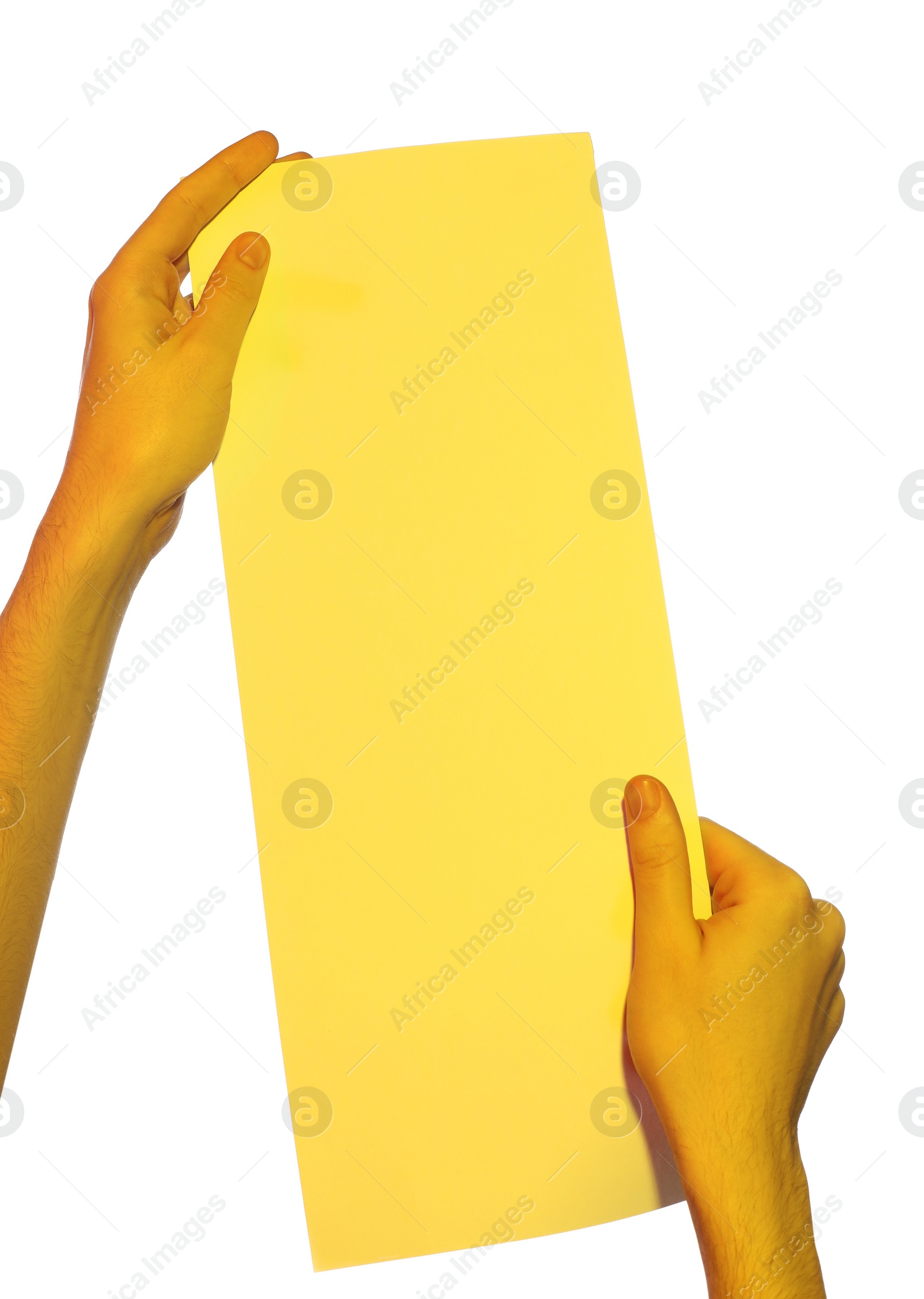 Photo of Man holding flyer on white background, closeup and space for text. Color tone effect