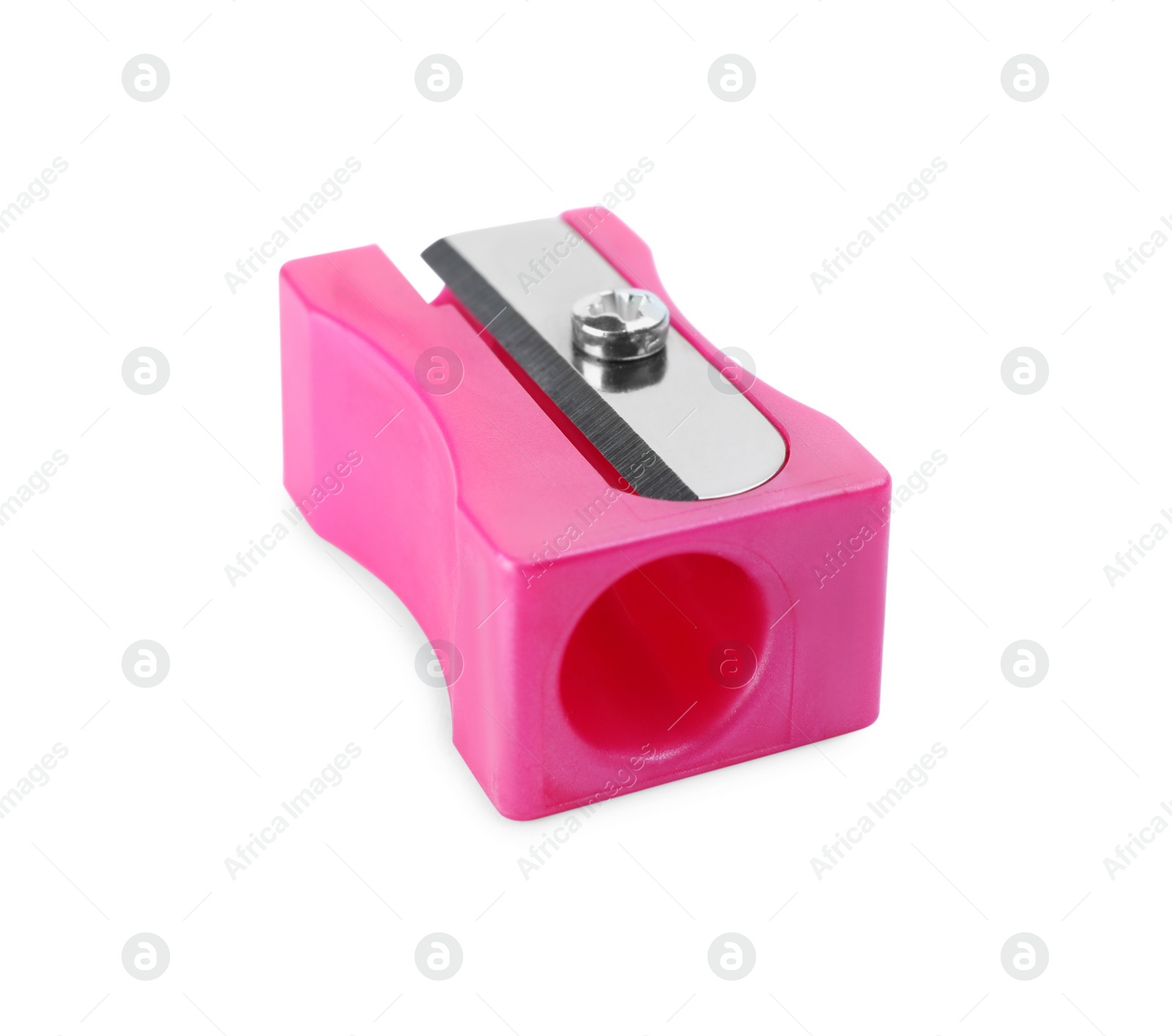 Photo of Plastic pink pencil sharpener isolated on white