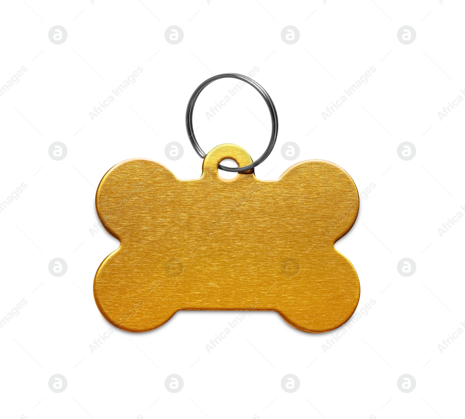 Photo of Golden metal bone shaped dog tag with ring isolated on white