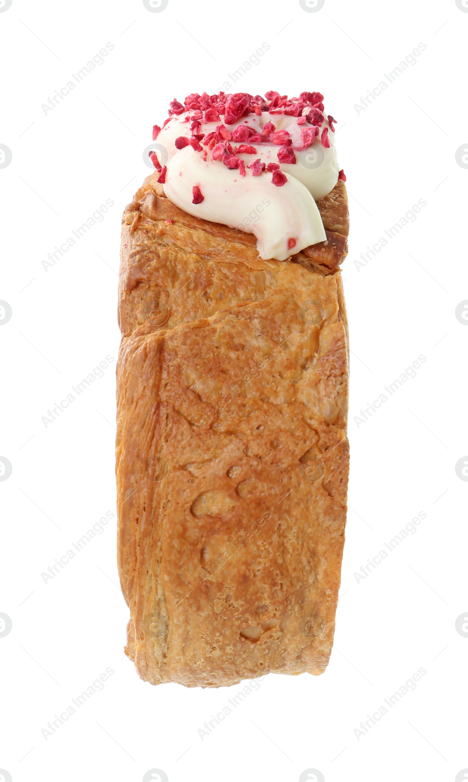 Photo of One supreme croissant with cream on white background. Tasty puff pastry