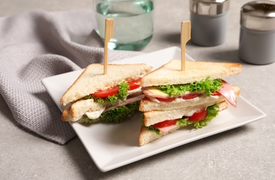 Photo of Tasty toast sandwiches on plate. Wheat bread