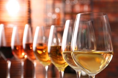 Different tasty wines in glasses against blurred background